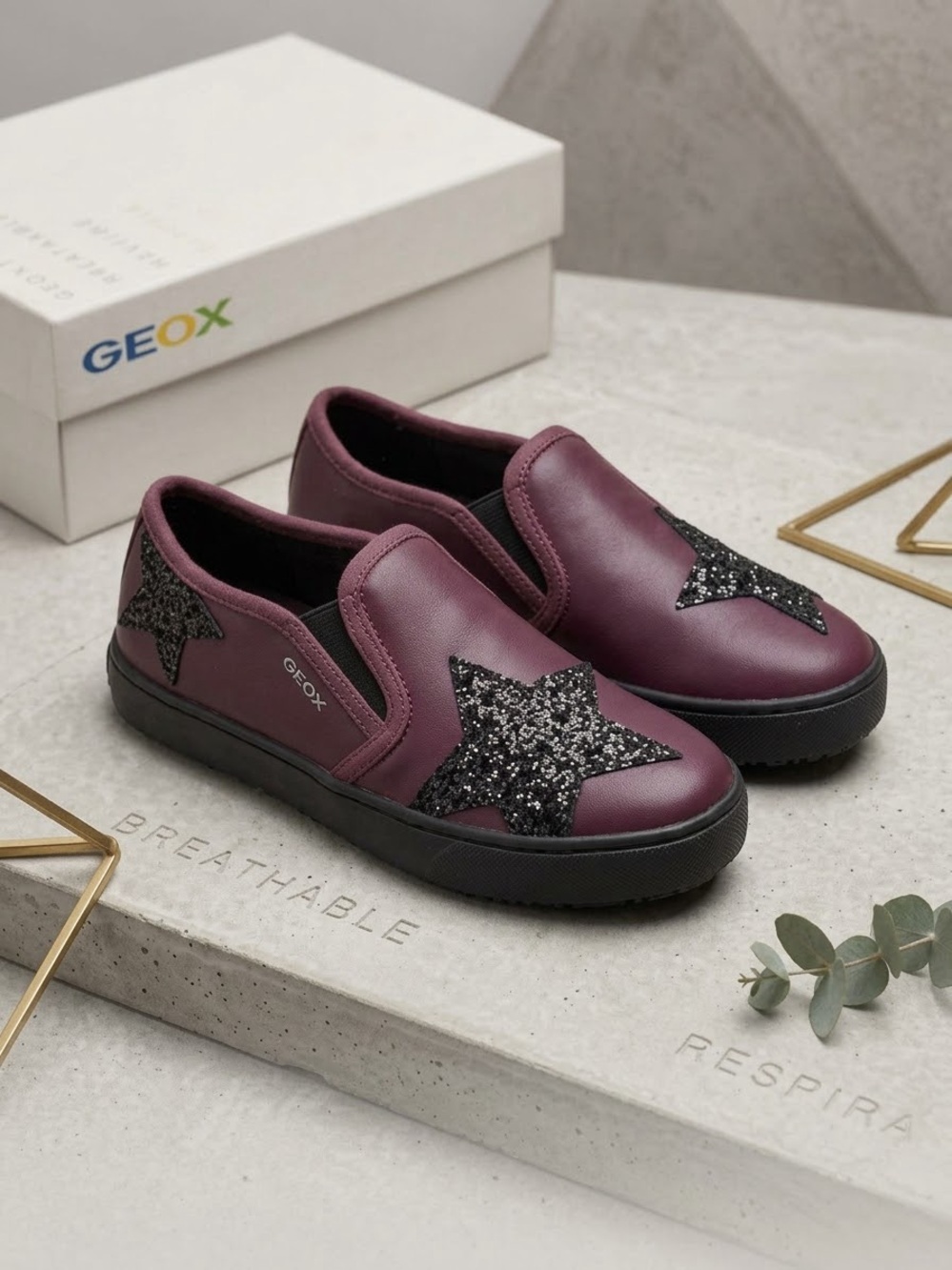 Geox Girl Slip-On Shoes in Plum with Black Glitter Stars. Italian Brand